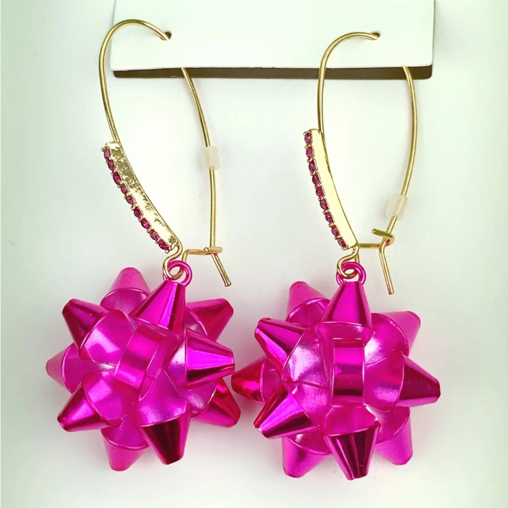 Betsey Johnson Hot Pink Holiday Wrap Me Up Bow Dangle Earrings